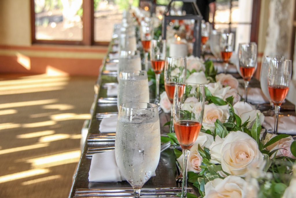 Water and champagne glasses are lined up at La Cantera Resort and Spa.