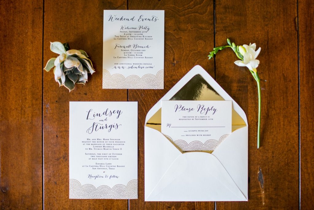 The invitation, the placard and notice of a wedding at La Cantera Resort and Spa