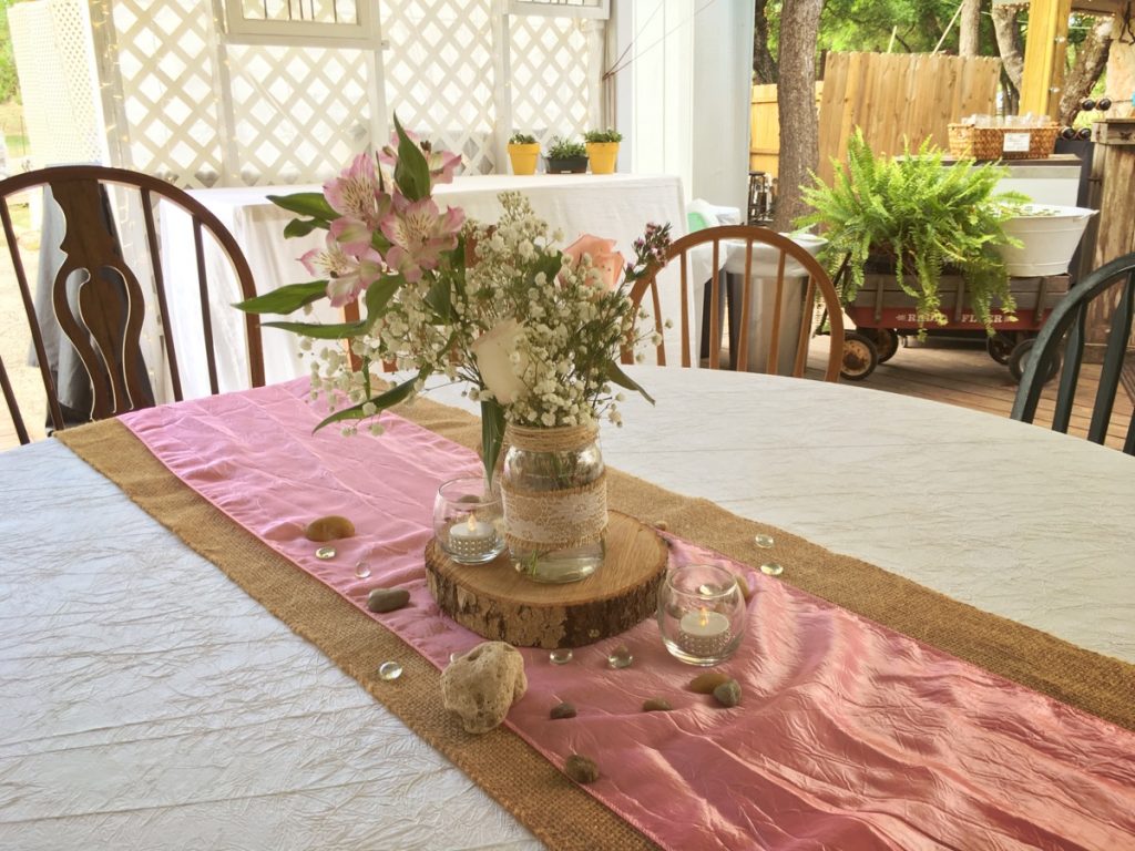 A banquet table in the pavilion at La Escondida Celebration Center.