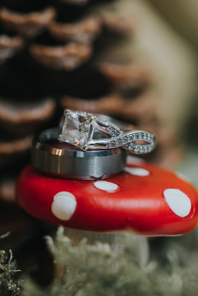 The wedding ring ayop a plastic mushroom at the La Escondida Celebration Center.