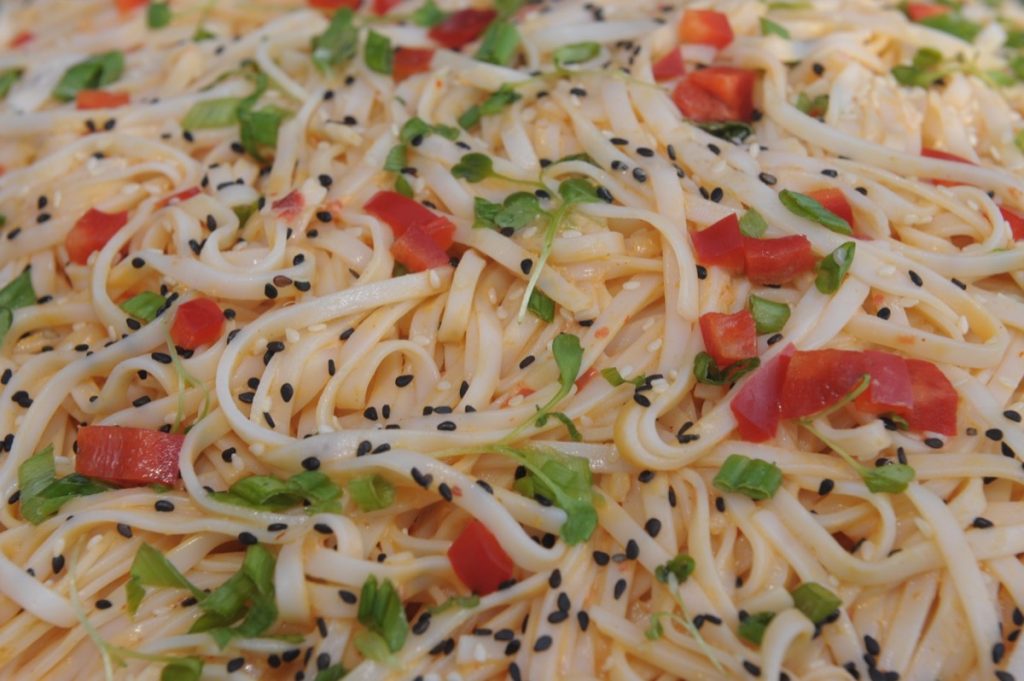 some pasta noodles with tomatoes and green onions. Quite the tasty Newlywed couple sharing romantic moments at dinner treat!