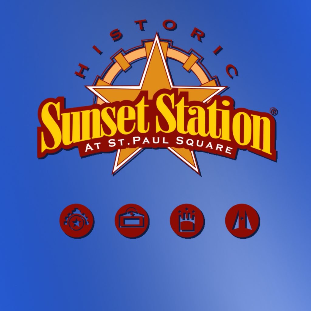 Logo of Sunset Station on a blue gradiated background. Nice. Sunset Station - SanAntonioWeddings.com -BridalBuzz