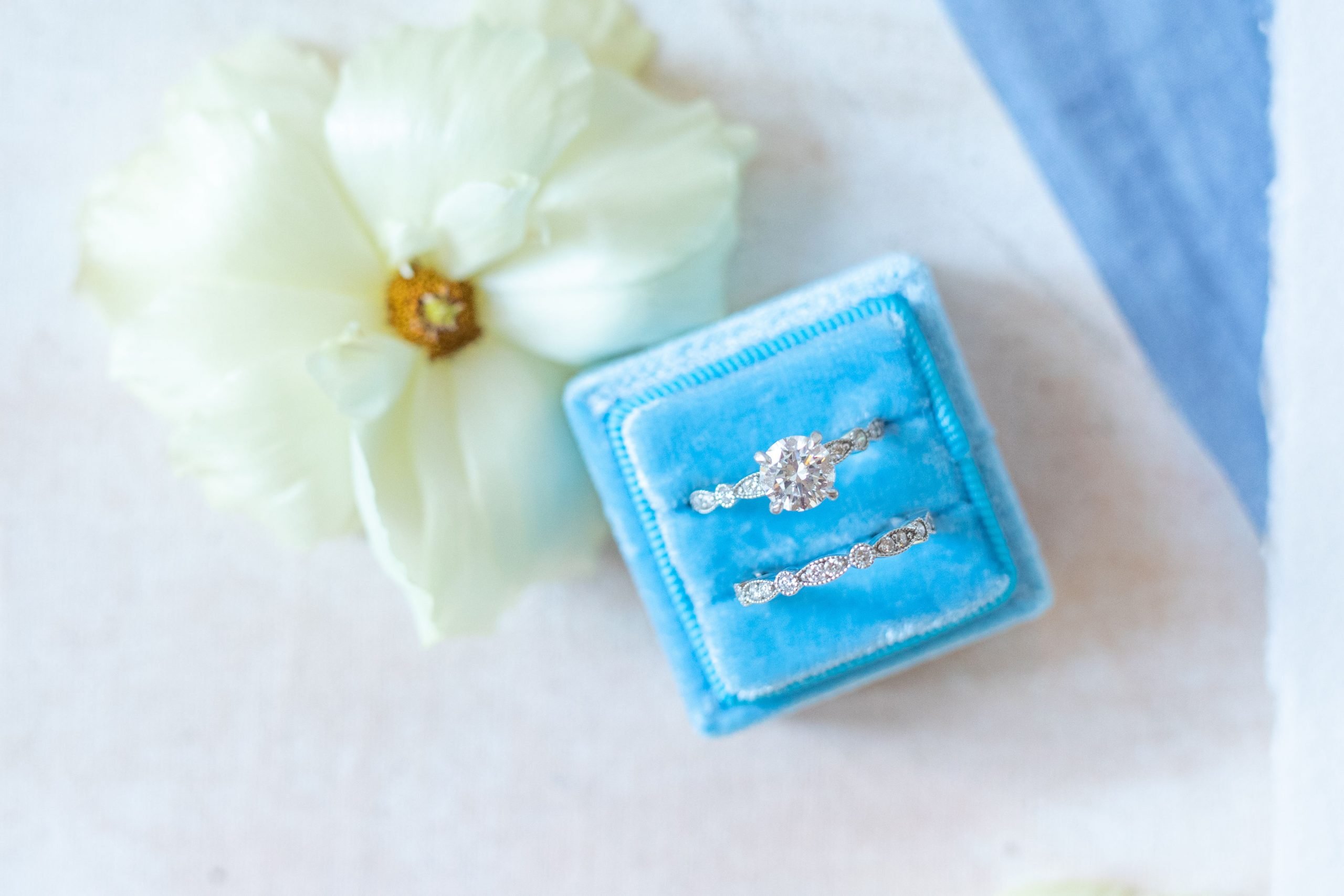 wedding ring in a blue ring box at sendera springs
